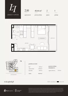 1 pokój, apartament 41,64 m², piętro 2, oferta nr 2.10., Liberty Tower, Warszawa, Wola, Mirów, ul. Grzybowska 54