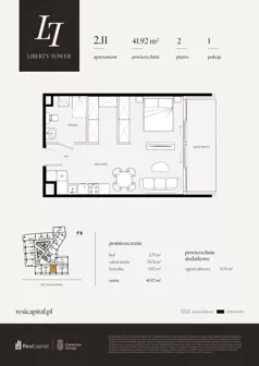 1 pokój, apartament 41,92 m², piętro 2, oferta nr 2.11., Liberty Tower, Warszawa, Wola, Mirów, ul. Grzybowska 54