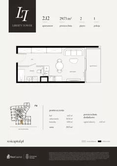 1 pokój, apartament 29,73 m², piętro 2, oferta nr 2.12., Liberty Tower, Warszawa, Wola, Mirów, ul. Grzybowska 54