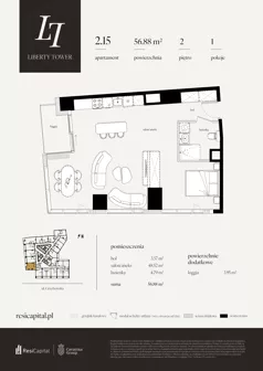 1 pokój, apartament 56,88 m², piętro 2, oferta nr 2.15., Liberty Tower, Warszawa, Wola, Mirów, ul. Grzybowska 54