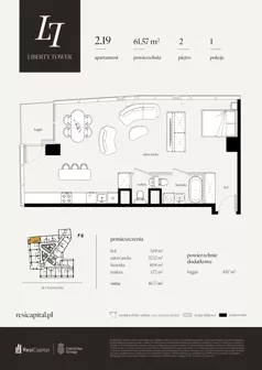 1 pokój, apartament 61,57 m², piętro 2, oferta nr 2.19., Liberty Tower, Warszawa, Wola, Mirów, ul. Grzybowska 54
