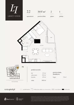 1 pokój, apartament 38,97 m², piętro 2, oferta nr 2.2., Liberty Tower, Warszawa, Wola, Mirów, ul. Grzybowska 54