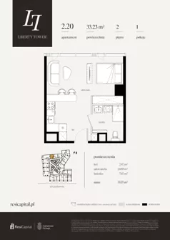 1 pokój, apartament 33,23 m², piętro 2, oferta nr 2.20., Liberty Tower, Warszawa, Wola, Mirów, ul. Grzybowska 54