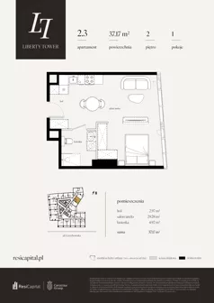 1 pokój, apartament 37,17 m², piętro 2, oferta nr 2.3., Liberty Tower, Warszawa, Wola, Mirów, ul. Grzybowska 54