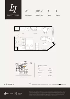 1 pokój, apartament 30,73 m², piętro 2, oferta nr 2.4., Liberty Tower, Warszawa, Wola, Mirów, ul. Grzybowska 54