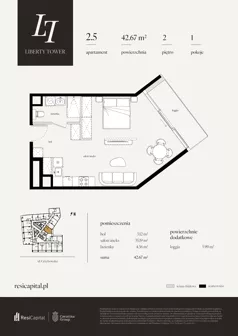 1 pokój, apartament 42,67 m², piętro 2, oferta nr 2.5., Liberty Tower, Warszawa, Wola, Mirów, ul. Grzybowska 54