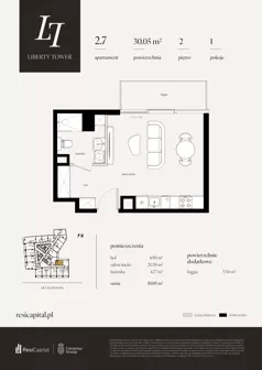 1 pokój, apartament 30,05 m², piętro 2, oferta nr 2.7., Liberty Tower, Warszawa, Wola, Mirów, ul. Grzybowska 54