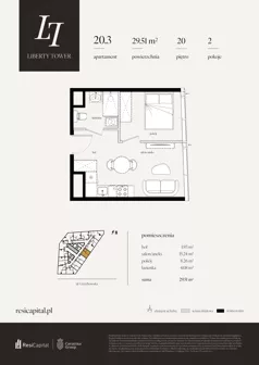 2 pokoje, apartament 29,51 m², piętro 20, oferta nr 20.3., Liberty Tower, Warszawa, Wola, Mirów, ul. Grzybowska 54