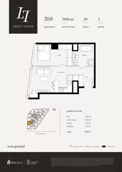 2 pokoje, apartament 39,01 m², piętro 20, oferta nr 20.8., Liberty Tower, Warszawa, Wola, Mirów, ul. Grzybowska 54