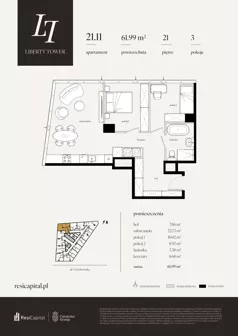 3 pokoje, apartament 61,99 m², piętro 21, oferta nr 21.11., Liberty Tower, Warszawa, Wola, Mirów, ul. Grzybowska 54