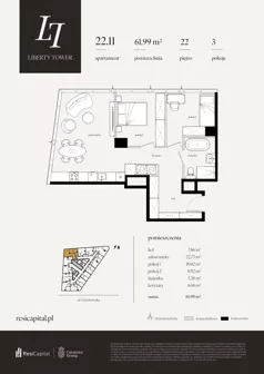 3 pokoje, apartament 61,99 m², piętro 22, oferta nr 22.11., Liberty Tower, Warszawa, Wola, Mirów, ul. Grzybowska 54