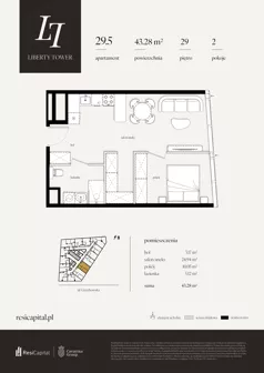 2 pokoje, apartament 43,28 m², piętro 29, oferta nr 29.5., Liberty Tower, Warszawa, Wola, Mirów, ul. Grzybowska 54
