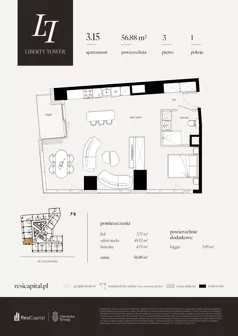 1 pokój, apartament 56,88 m², piętro 3, oferta nr 3.15., Liberty Tower, Warszawa, Wola, Mirów, ul. Grzybowska 54