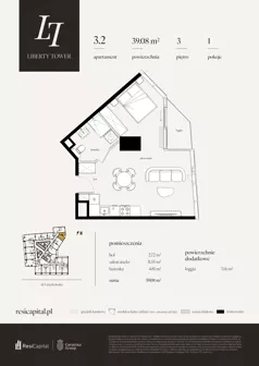 1 pokój, apartament 39,08 m², piętro 3, oferta nr 3.2., Liberty Tower, Warszawa, Wola, Mirów, ul. Grzybowska 54