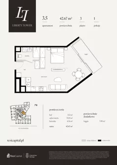 1 pokój, apartament 42,67 m², piętro 3, oferta nr 3.5., Liberty Tower, Warszawa, Wola, Mirów, ul. Grzybowska 54