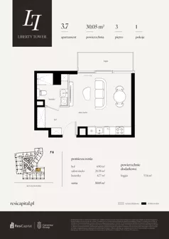 1 pokój, apartament 30,05 m², piętro 3, oferta nr 3.7., Liberty Tower, Warszawa, Wola, Mirów, ul. Grzybowska 54