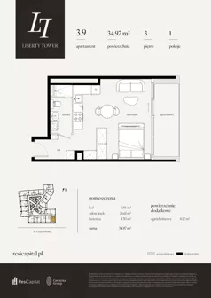 1 pokój, apartament 34,97 m², piętro 3, oferta nr 3.9., Liberty Tower, Warszawa, Wola, Mirów, ul. Grzybowska 54
