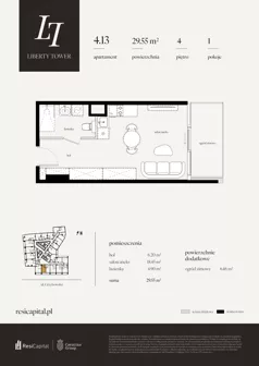 1 pokój, apartament 29,55 m², piętro 4, oferta nr 4.13., Liberty Tower, Warszawa, Wola, Mirów, ul. Grzybowska 54