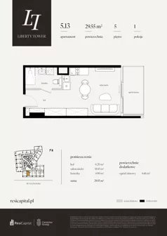 1 pokój, apartament 29,55 m², piętro 5, oferta nr 5.13., Liberty Tower, Warszawa, Wola, Mirów, ul. Grzybowska 54