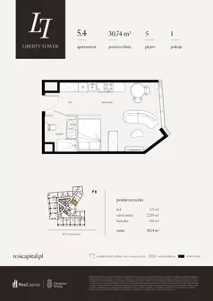 1 pokój, apartament 30,74 m², piętro 5, oferta nr 5.4., Liberty Tower, Warszawa, Wola, Mirów, ul. Grzybowska 54