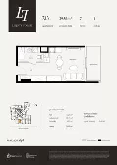 1 pokój, apartament 29,55 m², piętro 7, oferta nr 7.13., Liberty Tower, Warszawa, Wola, Mirów, ul. Grzybowska 54