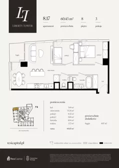 3 pokoje, apartament 60,43 m², piętro 8, oferta nr 8.17., Liberty Tower, Warszawa, Wola, Mirów, ul. Grzybowska 54