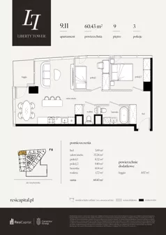 3 pokoje, apartament 60,43 m², piętro 9, oferta nr 9.11., Liberty Tower, Warszawa, Wola, Mirów, ul. Grzybowska 54