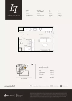 1 pokój, apartament 26,71 m², piętro 9, oferta nr 9.3., Liberty Tower, Warszawa, Wola, Mirów, ul. Grzybowska 54