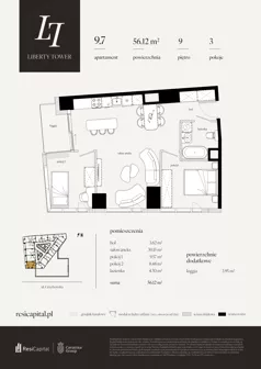 3 pokoje, apartament 56,12 m², piętro 9, oferta nr 9.7., Liberty Tower, Warszawa, Wola, Mirów, ul. Grzybowska 54