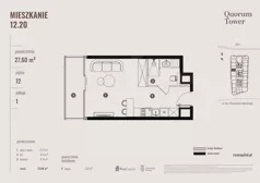 1 pokój, apartament 27,60 m², piętro 12, oferta nr 12.20., Quorum Tower, Wrocław, Szczepin, ul. gen. W. Sikorskiego 15