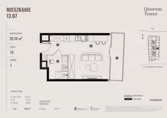 1 pokój, apartament 28,10 m², piętro 13, oferta nr 13.07., Quorum Tower, Wrocław, Szczepin, ul. gen. W. Sikorskiego 15