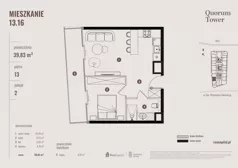 2 pokoje, apartament 39,83 m², piętro 13, oferta nr 13.16., Quorum Tower, Wrocław, Szczepin, ul. gen. W. Sikorskiego 15