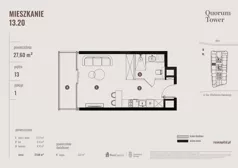 1 pokój, apartament 27,60 m², piętro 13, oferta nr 13.20., Quorum Tower, Wrocław, Szczepin, ul. gen. W. Sikorskiego 15
