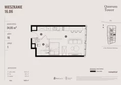 1 pokój, apartament 34,05 m², piętro 16, oferta nr 16.06., Quorum Tower, Wrocław, Szczepin, ul. gen. W. Sikorskiego 15