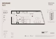 1 pokój, apartament 38,39 m², piętro 16, oferta nr 16.11., Quorum Tower, Wrocław, Szczepin, ul. gen. W. Sikorskiego 15
