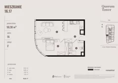 2 pokoje, apartament 50,30 m², piętro 16, oferta nr 16.17., Quorum Tower, Wrocław, Szczepin, ul. gen. W. Sikorskiego 15