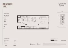 1 pokój, apartament 31,85 m², piętro 25, oferta nr 25.02., Quorum Tower, Wrocław, Szczepin, ul. gen. W. Sikorskiego 15