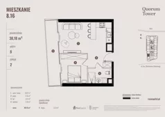 2 pokoje, apartament 38,18 m², piętro 8, oferta nr 08.16., Quorum Tower, Wrocław, Szczepin, ul. gen. W. Sikorskiego 15