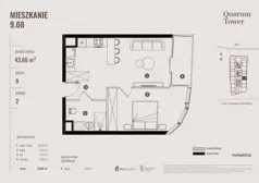 2 pokoje, apartament 43,66 m², piętro 9, oferta nr 09.08., Quorum Tower, Wrocław, Szczepin, ul. gen. W. Sikorskiego 15