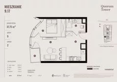 2 pokoje, apartament 37,75 m², piętro 9, oferta nr 09.17., Quorum Tower, Wrocław, Szczepin, ul. gen. W. Sikorskiego 15