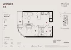 2 pokoje, apartament 45,38 m², piętro 9, oferta nr 09.18., Quorum Tower, Wrocław, Szczepin, ul. gen. W. Sikorskiego 15