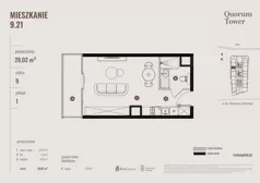 1 pokój, apartament 28,02 m², piętro 9, oferta nr 09.21., Quorum Tower, Wrocław, Szczepin, ul. gen. W. Sikorskiego 15
