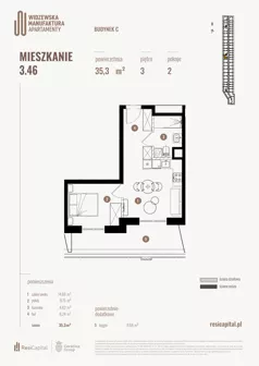 2 pokoje, mieszkanie 35,61 m², piętro 3, oferta nr 3.46., Wima Apartments, Łódź, Widzew, Stary Widzew, al. Piłsudskiego 135