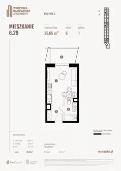 1 pokój, mieszkanie 25,70 m², piętro 6, oferta nr 6.29., Wima Apartments, Łódź, Widzew, Stary Widzew, al. Piłsudskiego 135