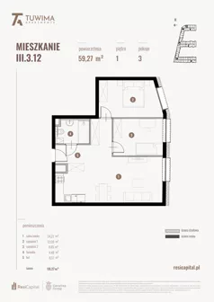 3 pokoje, mieszkanie 59,27 m², piętro 1, oferta nr III.3.12, Apartamenty Tuwima, Łódź, Śródmieście, ul. Juliana Tuwima