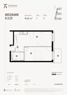2 pokoje, mieszkanie 46,66 m², piętro 1, oferta nr II.3.22, Apartamenty Tuwima, Łódź, Śródmieście, ul. Juliana Tuwima
