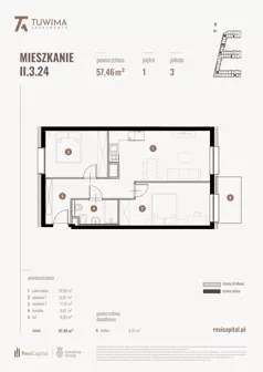 3 pokoje, mieszkanie 57,46 m², piętro 1, oferta nr II.3.24, Apartamenty Tuwima, Łódź, Śródmieście, ul. Juliana Tuwima