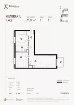3 pokoje, mieszkanie 57,04 m², piętro 2, oferta nr II.4.2, Apartamenty Tuwima, Łódź, Śródmieście, ul. Juliana Tuwima