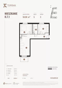 3 pokoje, mieszkanie 58,08 m², piętro 5, oferta nr II.7.1, Apartamenty Tuwima, Łódź, Śródmieście, ul. Juliana Tuwima