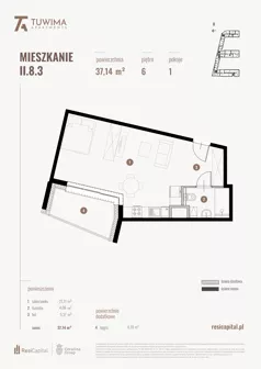 1 pokój, mieszkanie 37,14 m², piętro 6, oferta nr II.8.3, Apartamenty Tuwima, Łódź, Śródmieście, ul. Juliana Tuwima